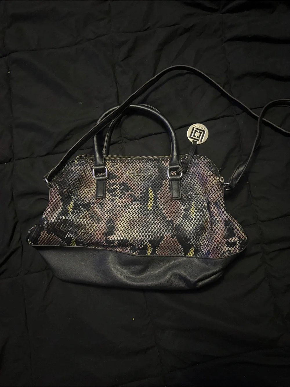Black Mixed-Print Satchel Handbag